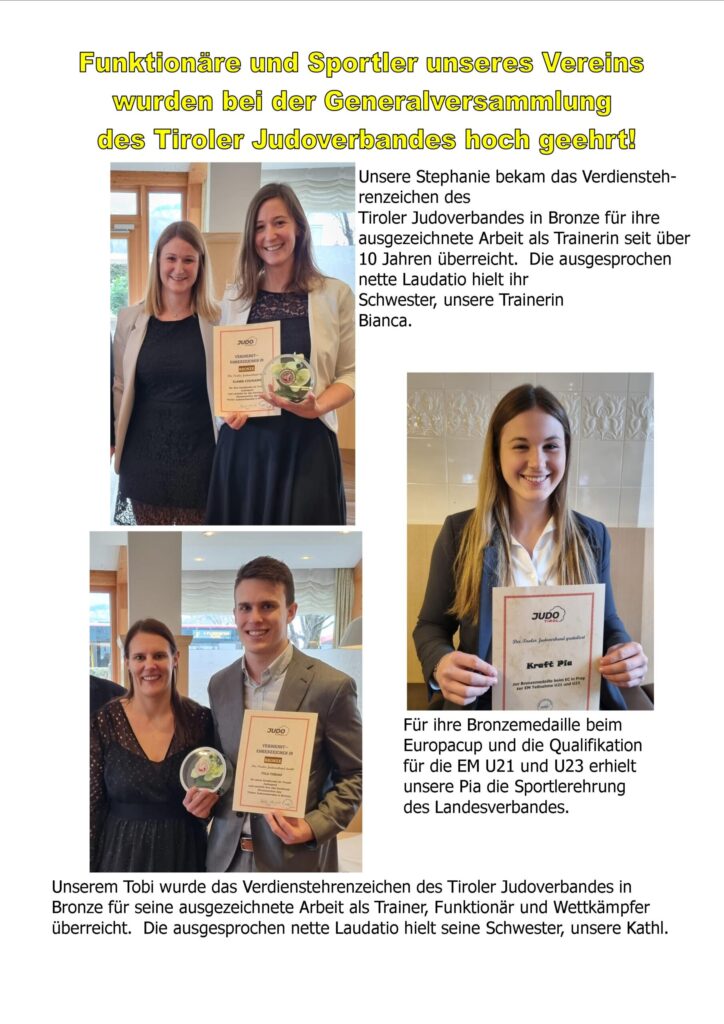 Funktionäre und Sportler unseres Vereins wurden bei der Generalversammlung des Tiroler Judoverbandes hoch geehrt!